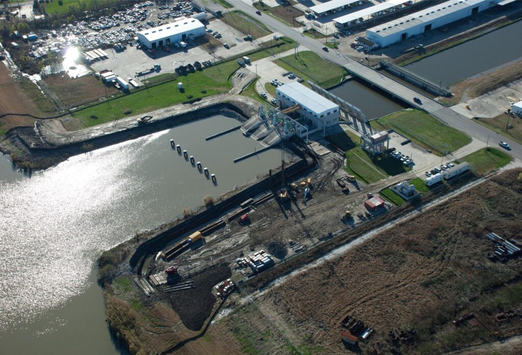 Aerial photo of Cycle Construction's of Whitney Barataria pumping station flood wall
