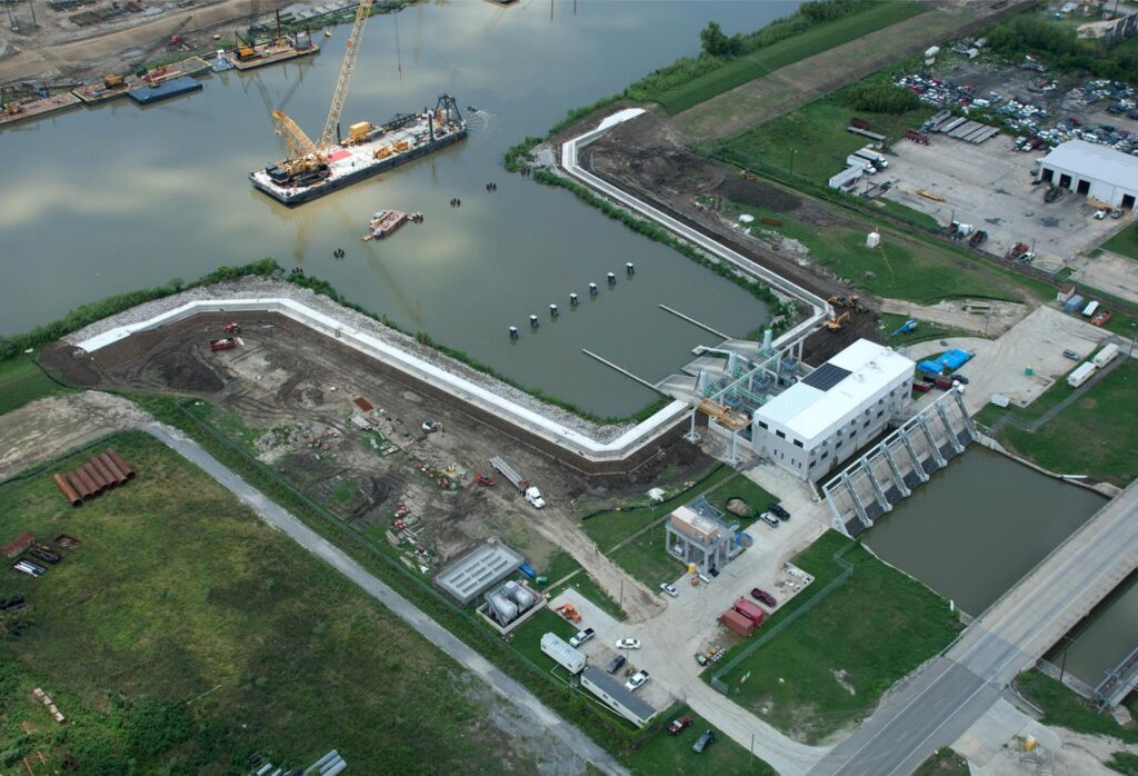 Aerial photo of Cycle Construction's of Whitney Barataria pumping station flood wall